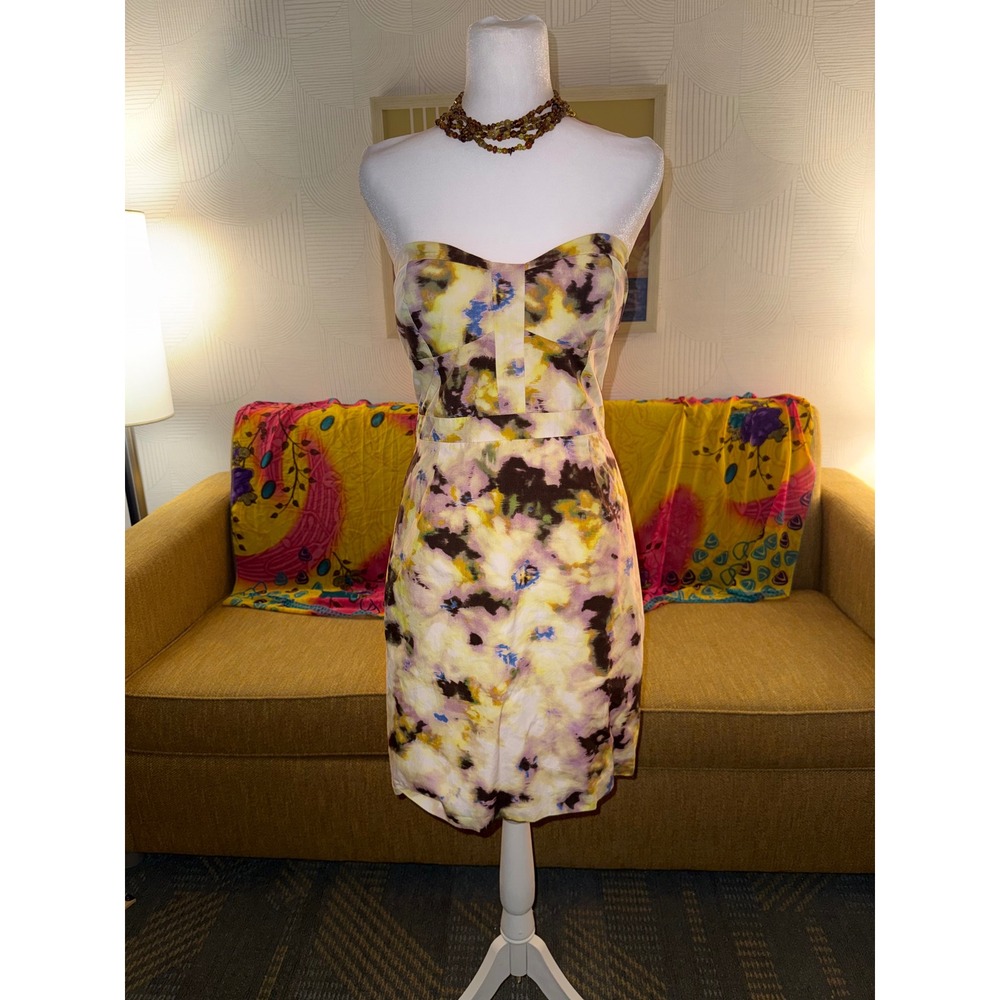 J.Crew Strapless Cotton Floral Mini Dress Yellow‎ Purple Size 0 Sweetheart Neck